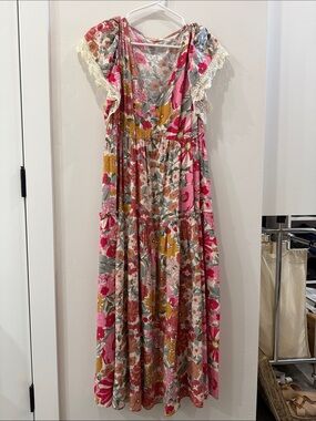 Floral Maxi Dress with Lace Trim - Pink & Mustard